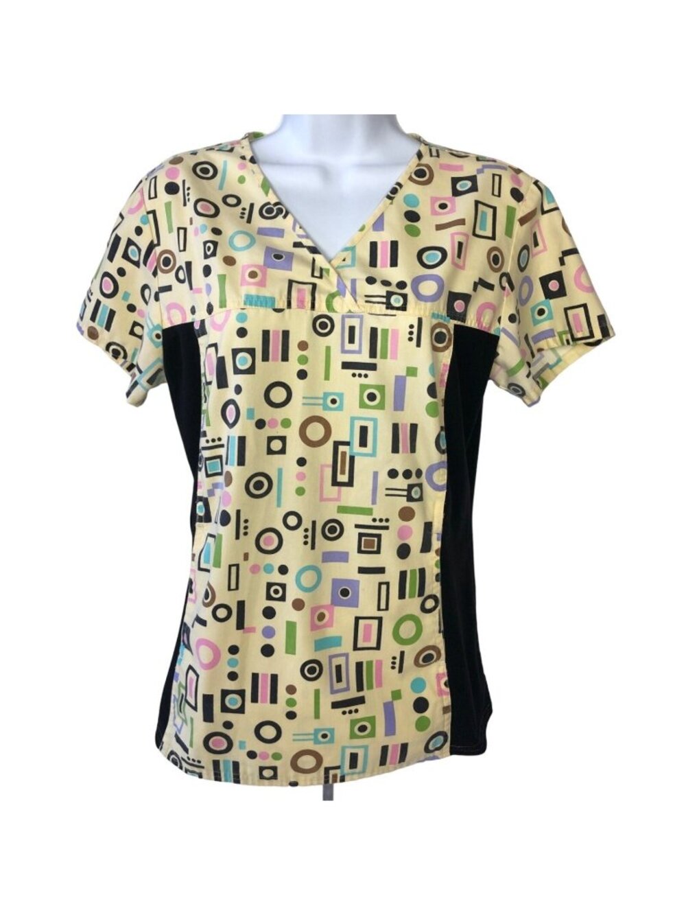 Cherokee Scrub Top Size S Yellow Black w Geometric Shapes V neck Pockets